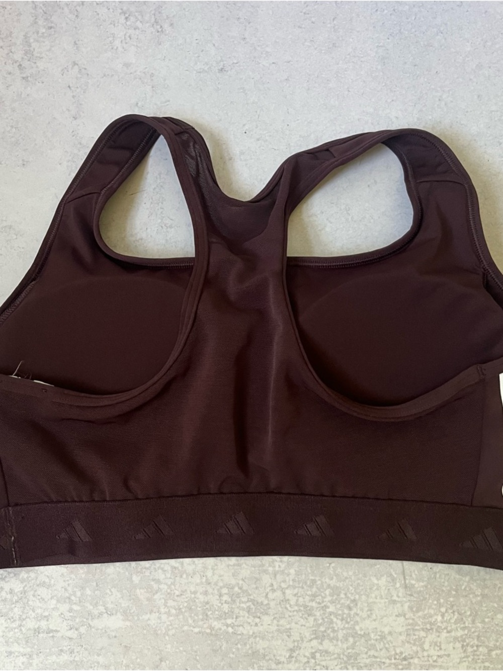 Adidas Racerback Sports Bra Chocolate Brown Three-Stripe Logo Mesh Sporty Gym - Picture 3 of 3